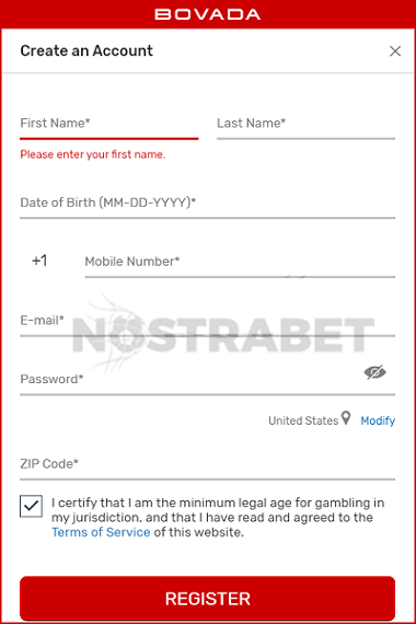 Bovada casino signup form